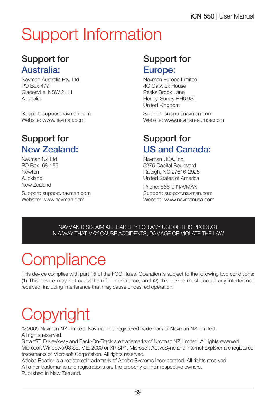 Support information copyright, Compliance | Navman ICN 550 User Manual | Page 69 / 72