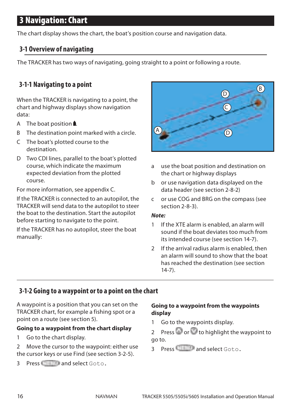 3 navigation: chart, 1 overview of navigating, 1-2 going to a waypoint or to a point on the chart | 1-1 navigating to a point | Navman 5605 User Manual | Page 16 / 68