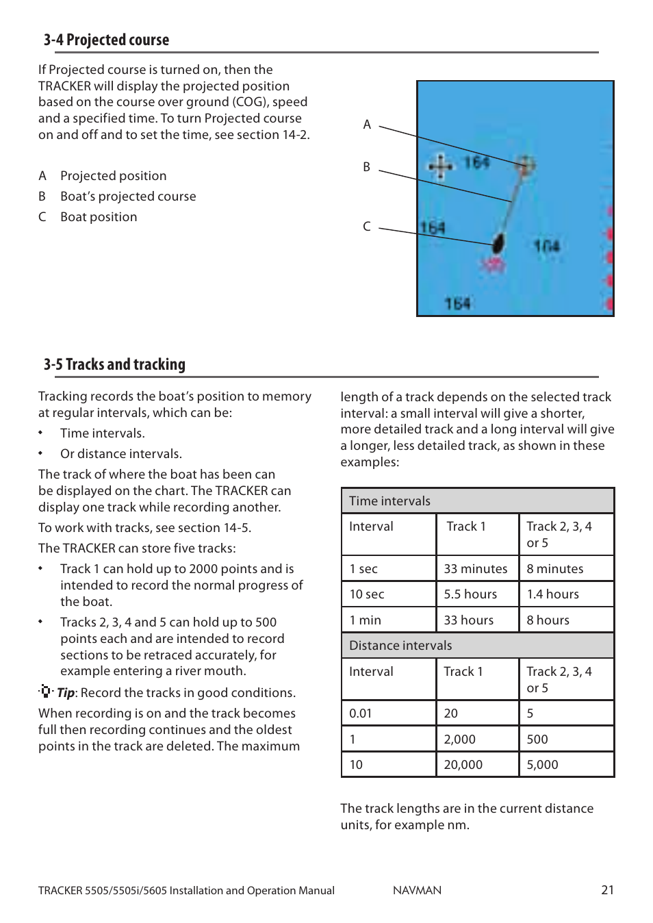 4 projected course 3-5 tracks and tracking, 5 tracks and tracking, 4 projected course | Navman 5605 User Manual | Page 21 / 68