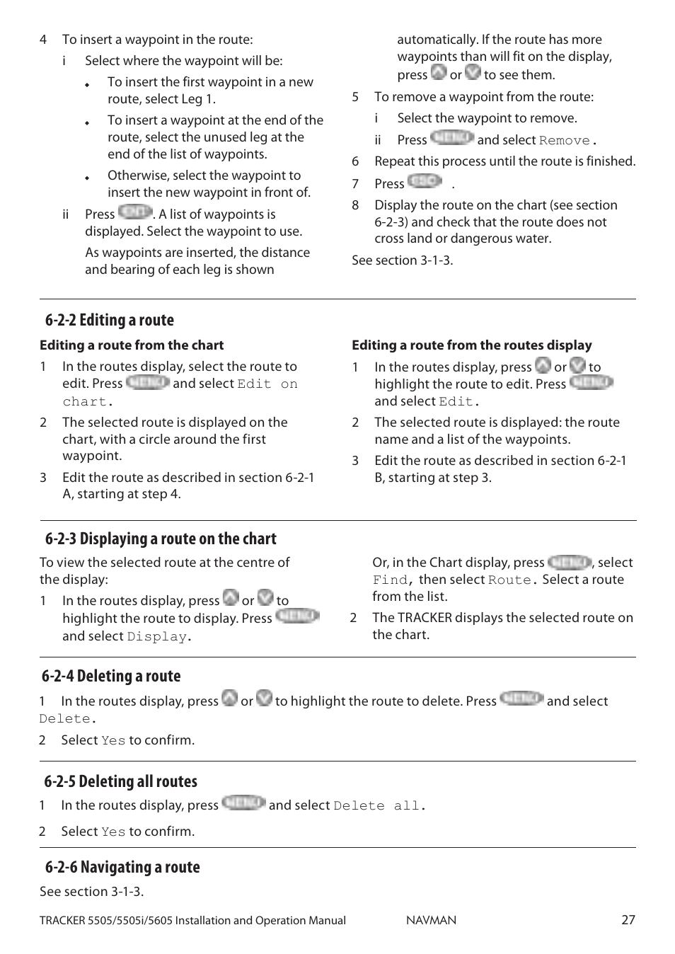 2-2 editing a route, 2-3 displaying a route on the chart | Navman 5605 User Manual | Page 27 / 68