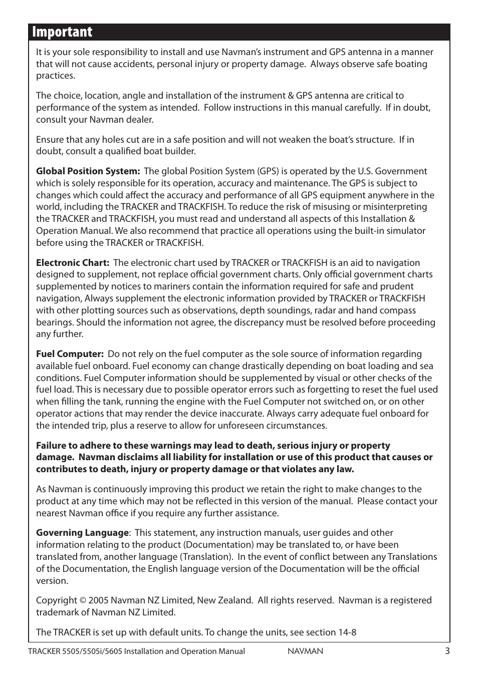 Important | Navman 5605 User Manual | Page 3 / 68