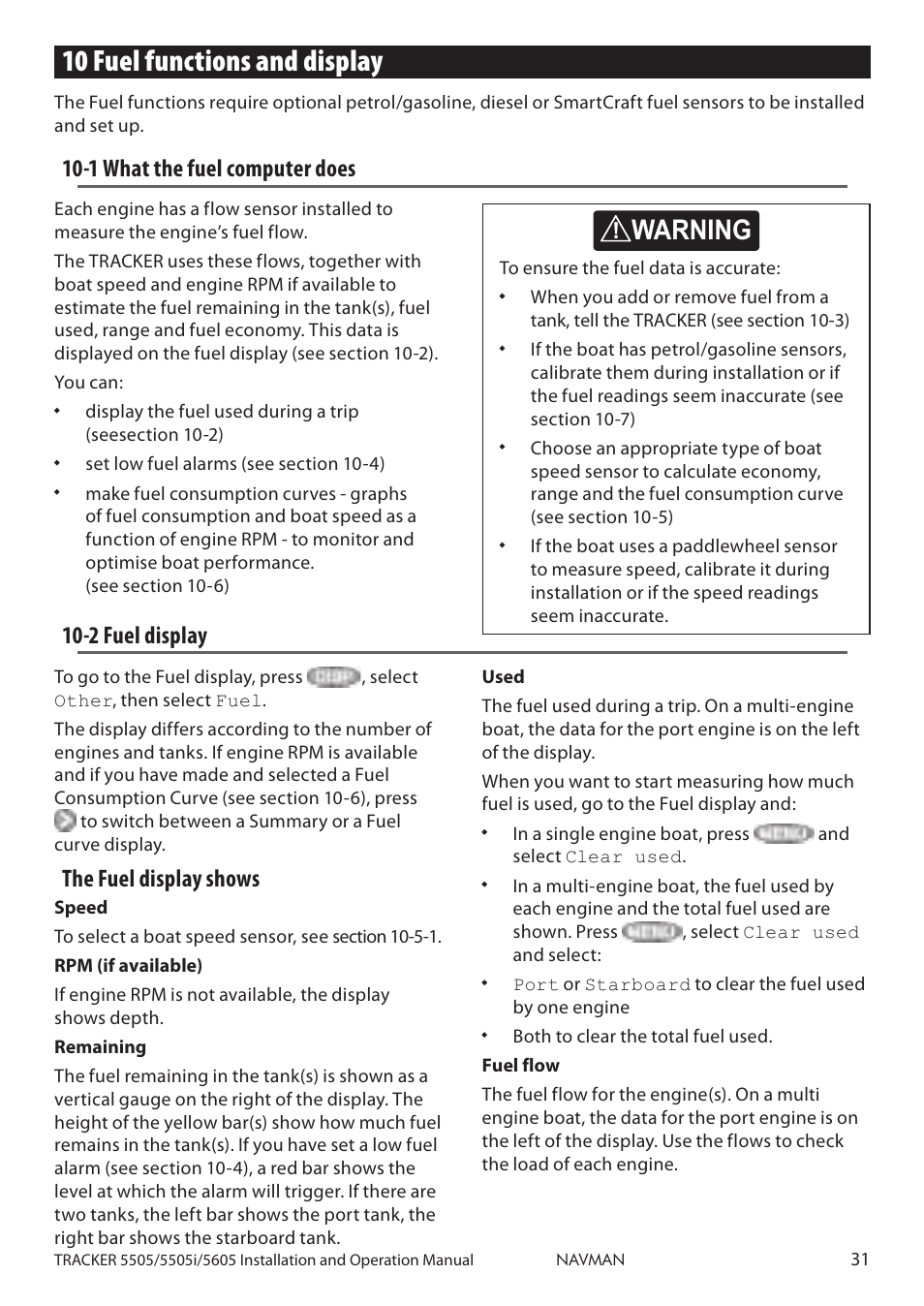 10 fuel functions and display, 1 what the fuel computer does 10-2 fuel display, Caution | Caution danger warning, 2 fuel display, The fuel display shows, 1 what the fuel computer does | Navman 5605 User Manual | Page 31 / 68