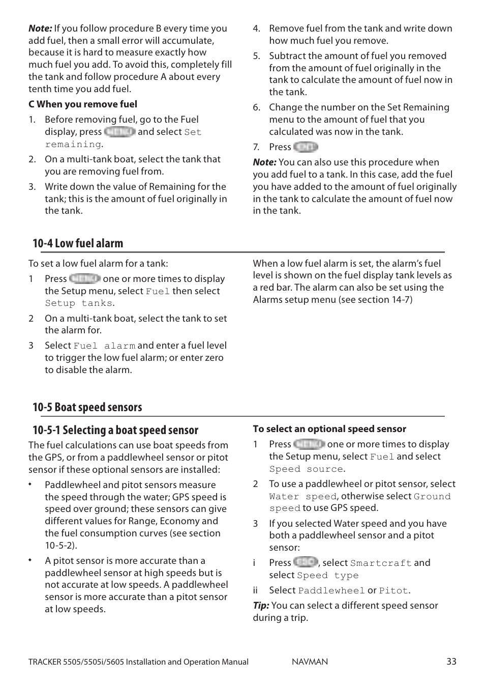 4 low fuel alarm 10-5 boat speed sensors, 4 low fuel alarm, 5-1 selecting a boat speed sensor | 5 boat speed sensors | Navman 5605 User Manual | Page 33 / 68