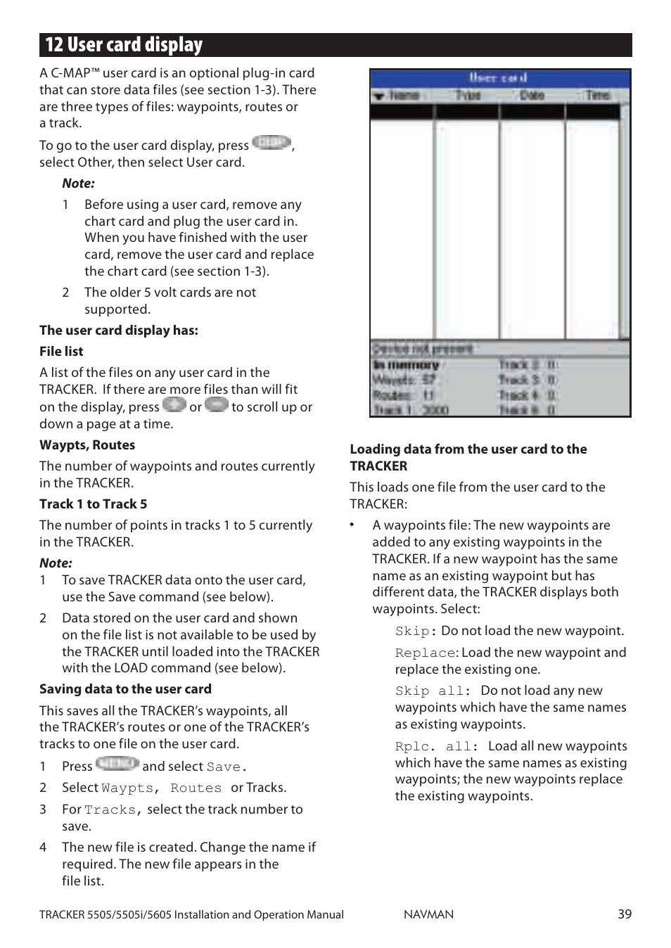 12 user card display | Navman 5605 User Manual | Page 39 / 68