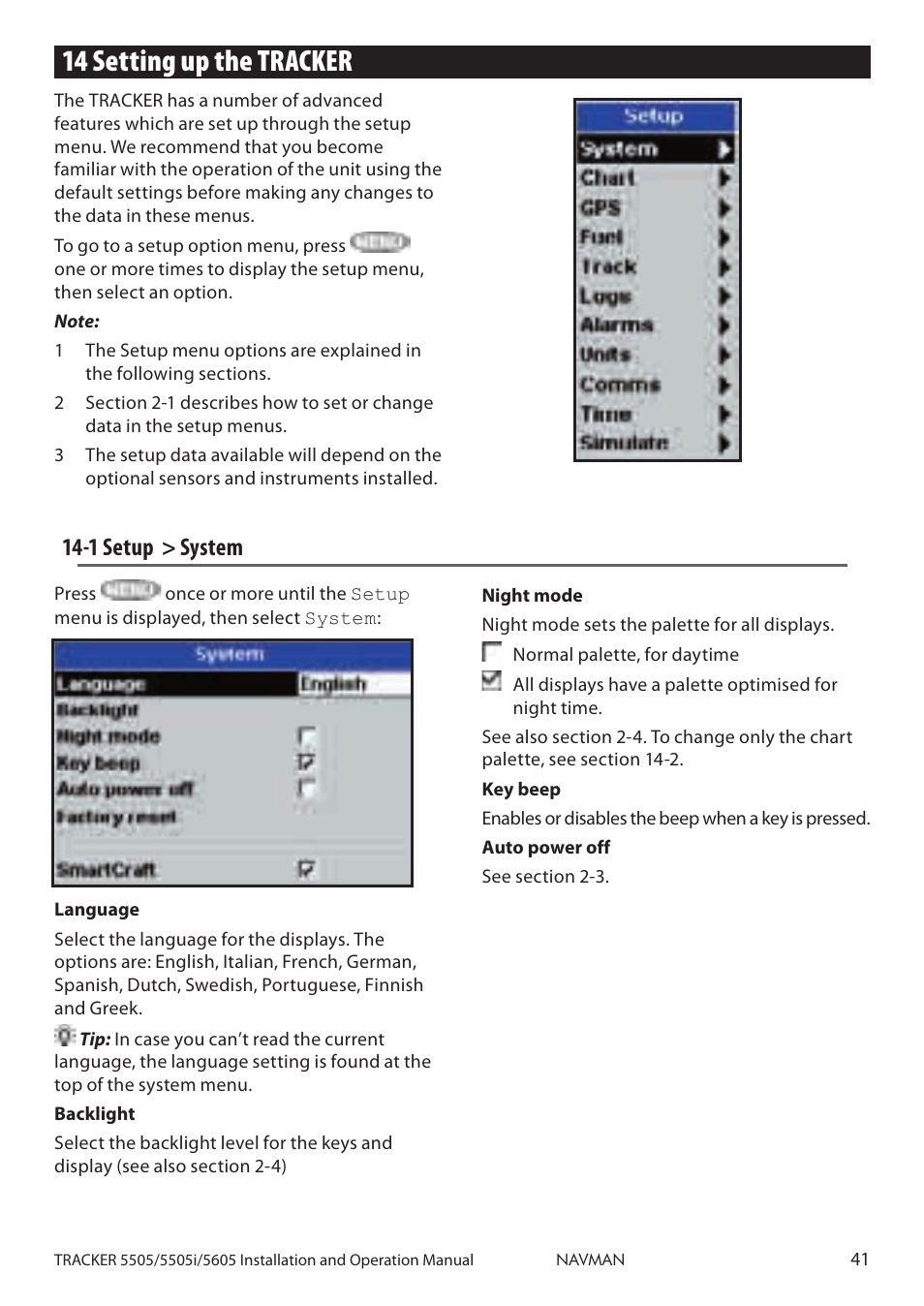 14 setting up the tracker, 1 setup > system | Navman 5605 User Manual | Page 41 / 68