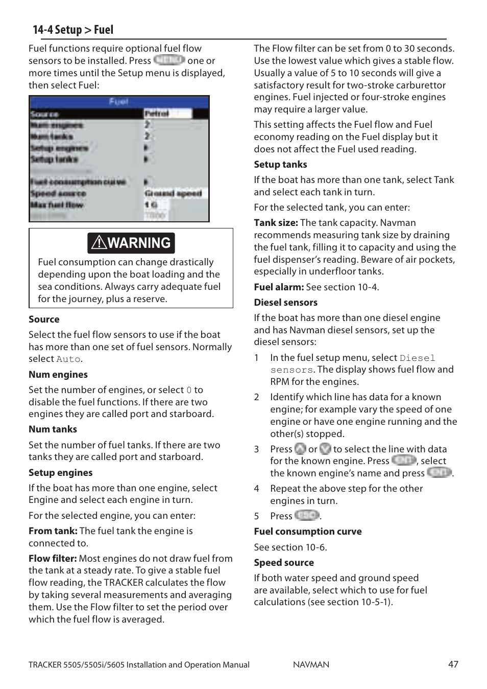 4 setup > fuel, Caution, Caution danger warning | Navman 5605 User Manual | Page 47 / 68