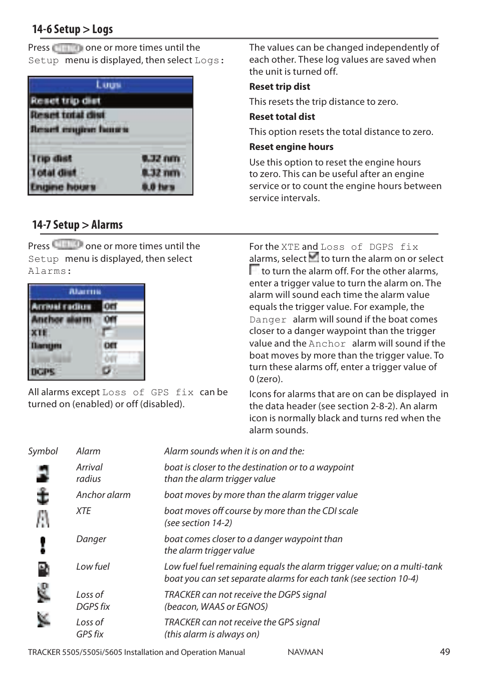 6 setup > logs 14-7 setup > alarms, 6 setup > logs, 7 setup > alarms | Navman 5605 User Manual | Page 49 / 68