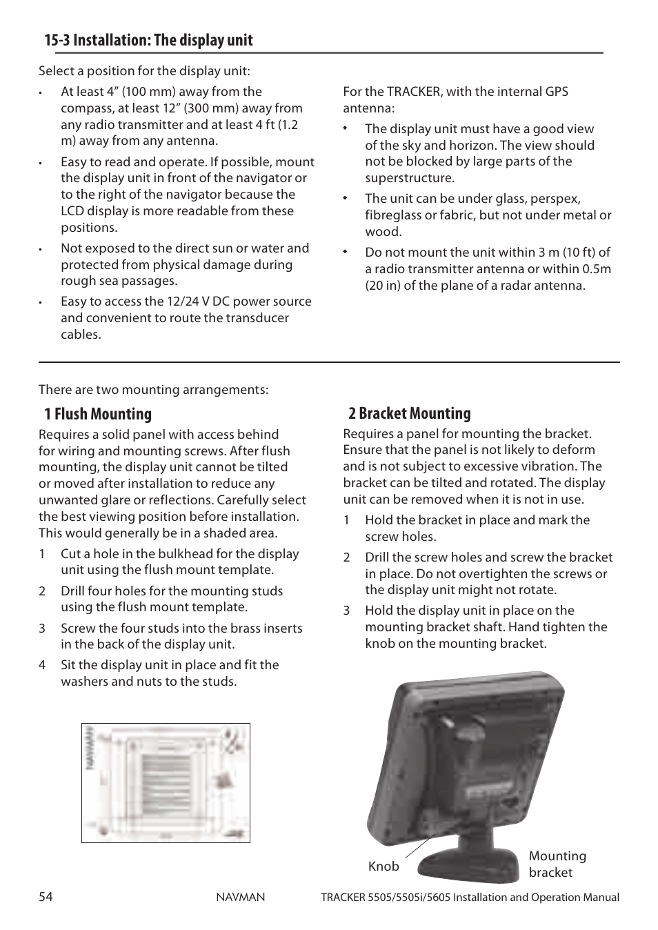 3 installation: the display unit, 2 bracket mounting, 1 flush mounting | Navman 5605 User Manual | Page 54 / 68