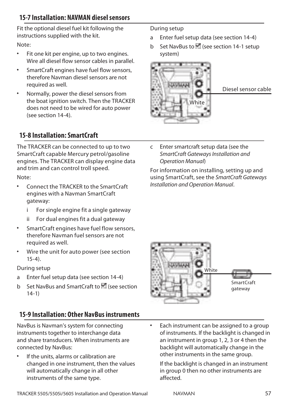 7 installation: navman diesel sensors, 8 installation: smartcraft, 9 installation: other navbus instruments | Navman 5605 User Manual | Page 57 / 68