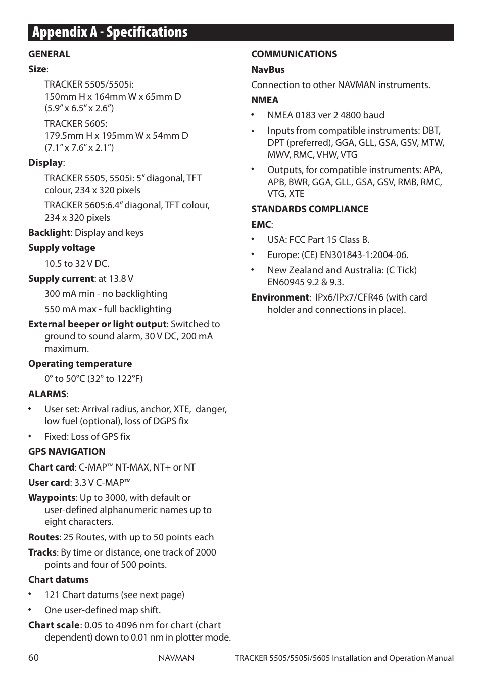 Appendix a - specifications | Navman 5605 User Manual | Page 60 / 68