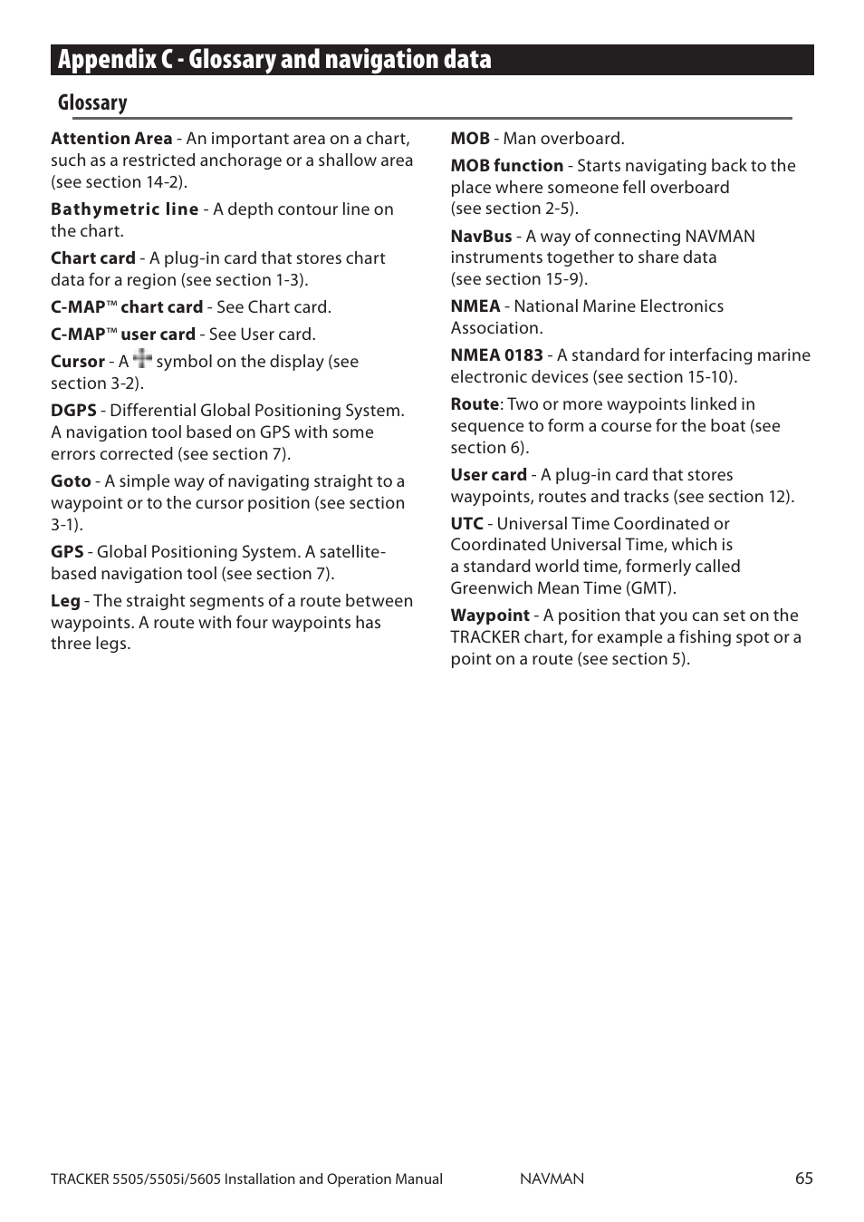 Appendix c - glossary and navigation data, Glossary | Navman 5605 User Manual | Page 65 / 68