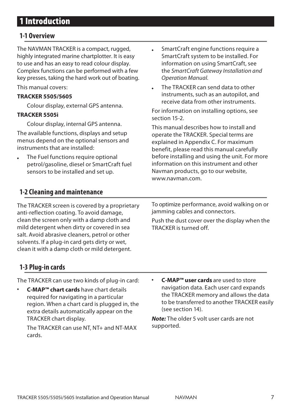 1 introduction, 2 cleaning and maintenance, 1 overview | 3 plug-in cards | Navman 5605 User Manual | Page 7 / 68