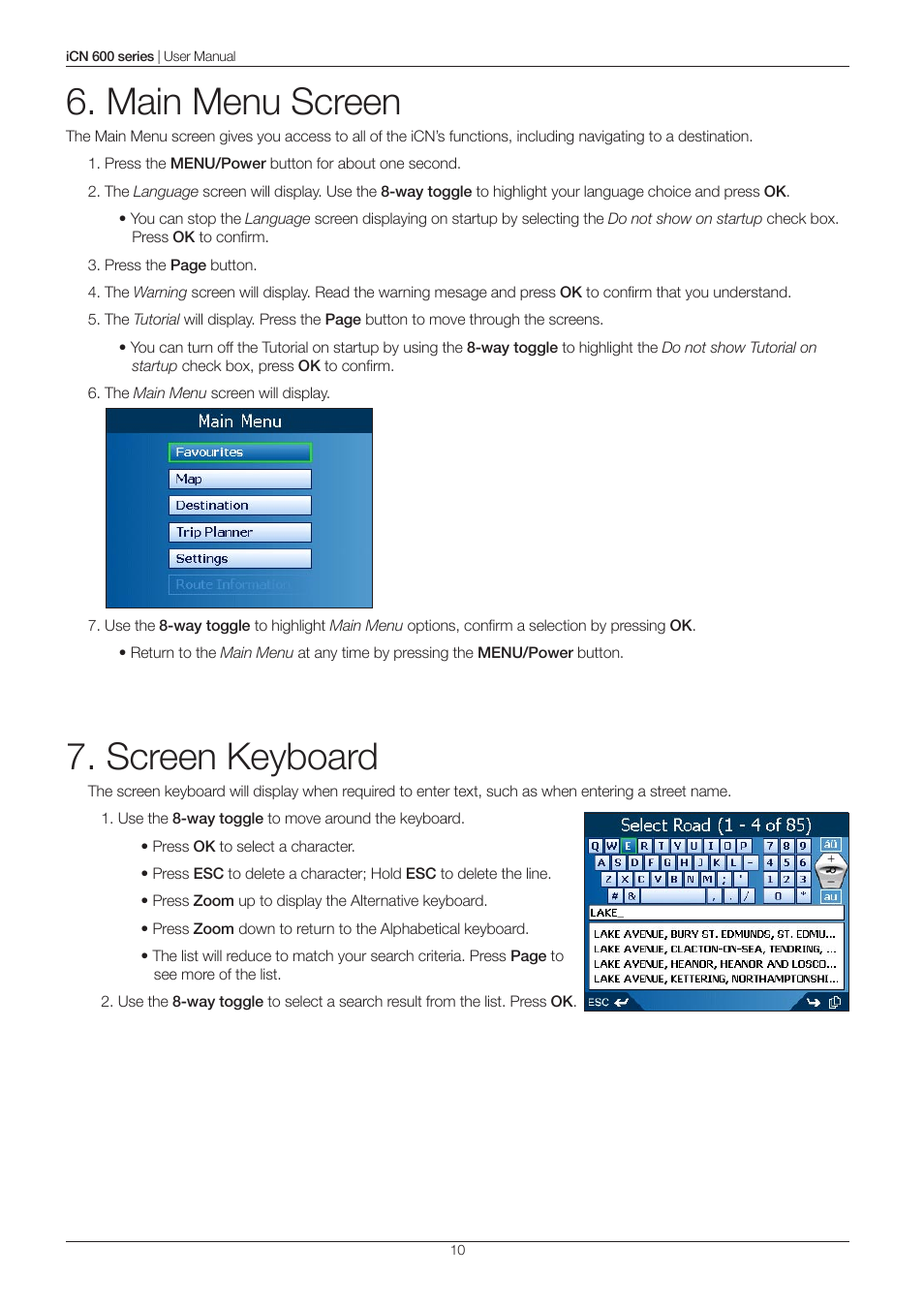 Main menu screen, Screen keyboard | Navman iCN 600series User Manual | Page 10 / 41