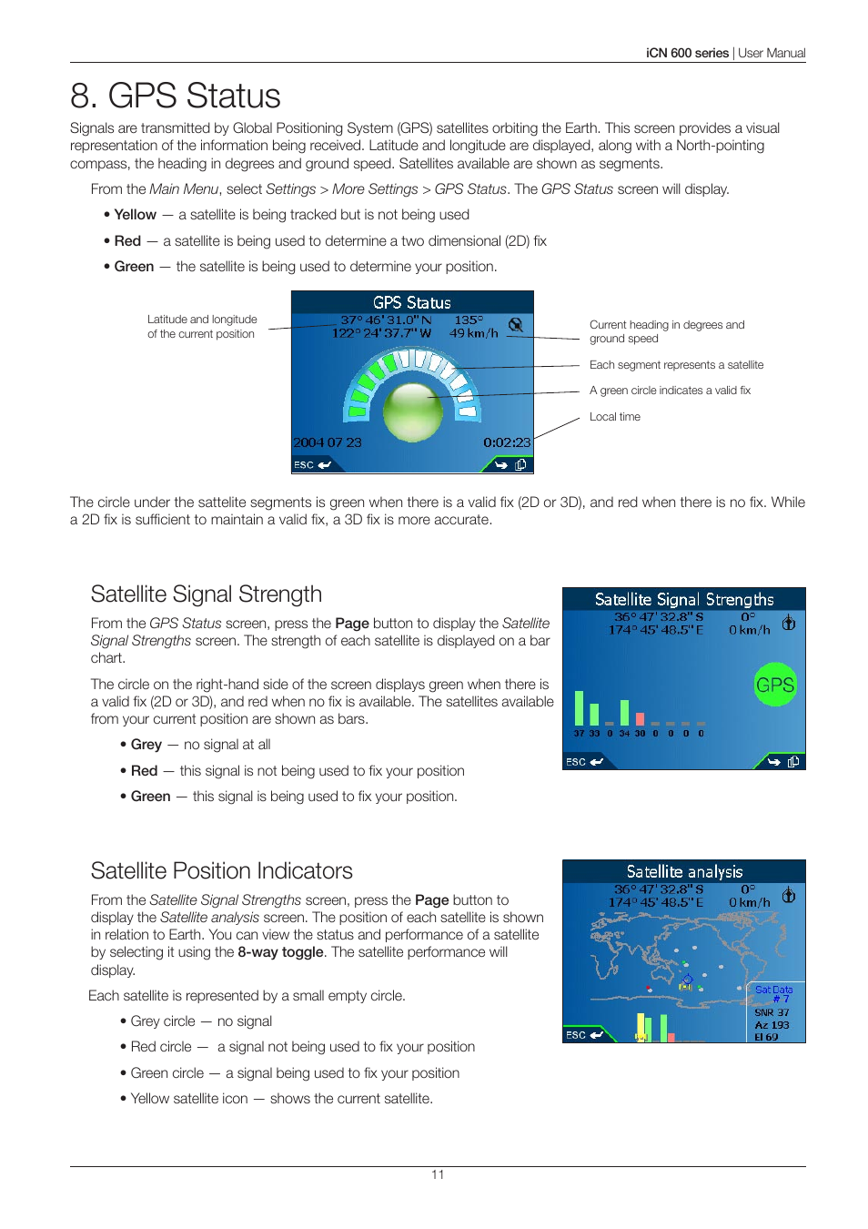Gps status, Satellite signal strength, Satellite position indicators | Navman iCN 600series User Manual | Page 11 / 41