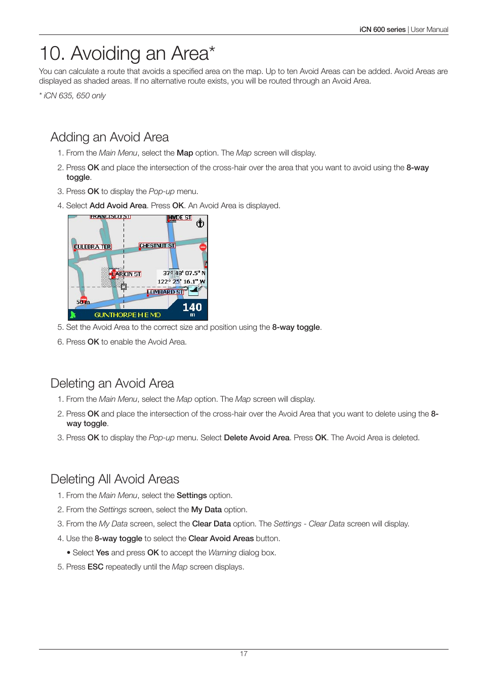Avoiding an area, Adding an avoid area, Deleting an avoid area | Deleting all avoid areas | Navman iCN 600series User Manual | Page 17 / 41