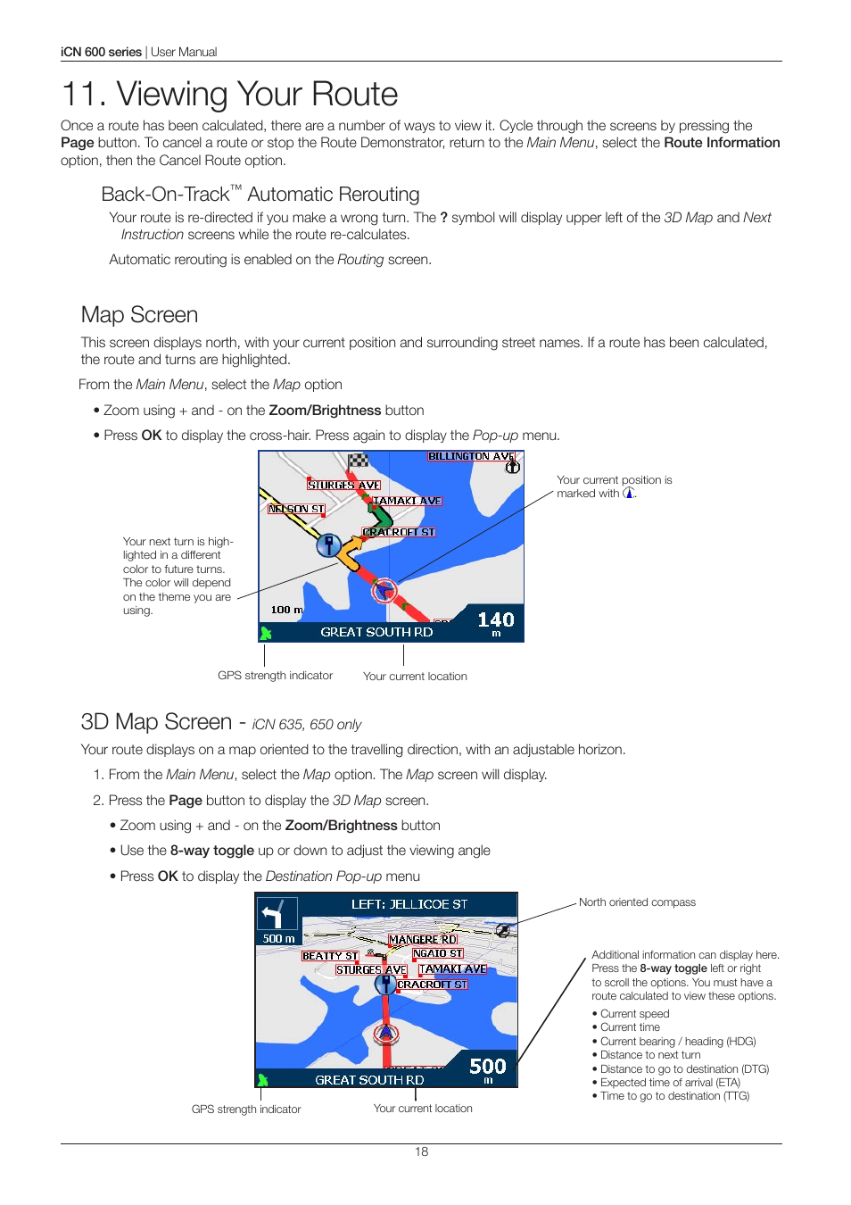 Viewing your route, Map screen, 3d map screen | Back-on-track, Automatic rerouting | Navman iCN 600series User Manual | Page 18 / 41