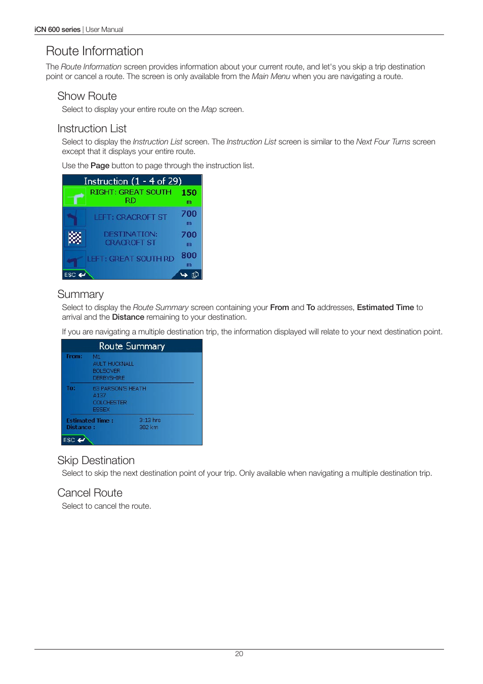 Route information, Show route, Instruction list | Summary, Skip destination, Cancel route | Navman iCN 600series User Manual | Page 20 / 41