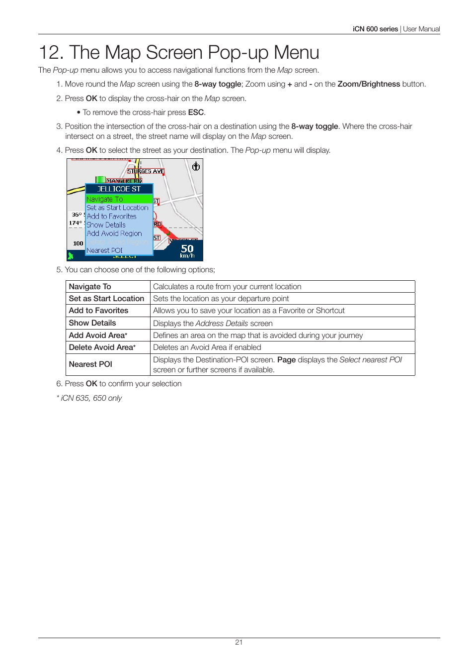 The map screen pop-up menu | Navman iCN 600series User Manual | Page 21 / 41