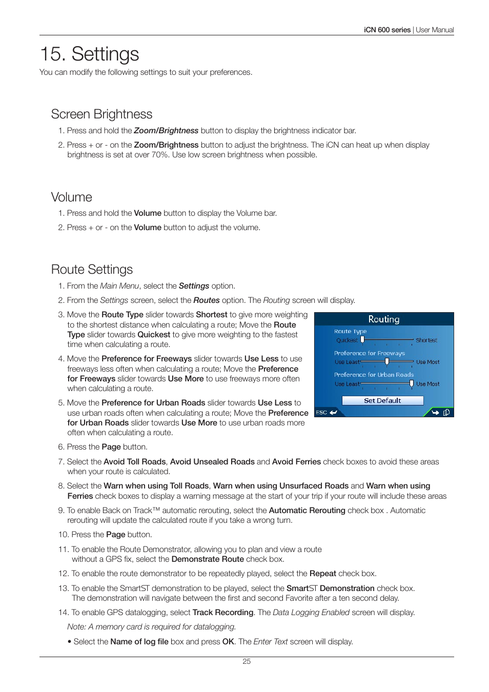 Settings, Screen brightness, Volume | Route settings | Navman iCN 600series User Manual | Page 25 / 41