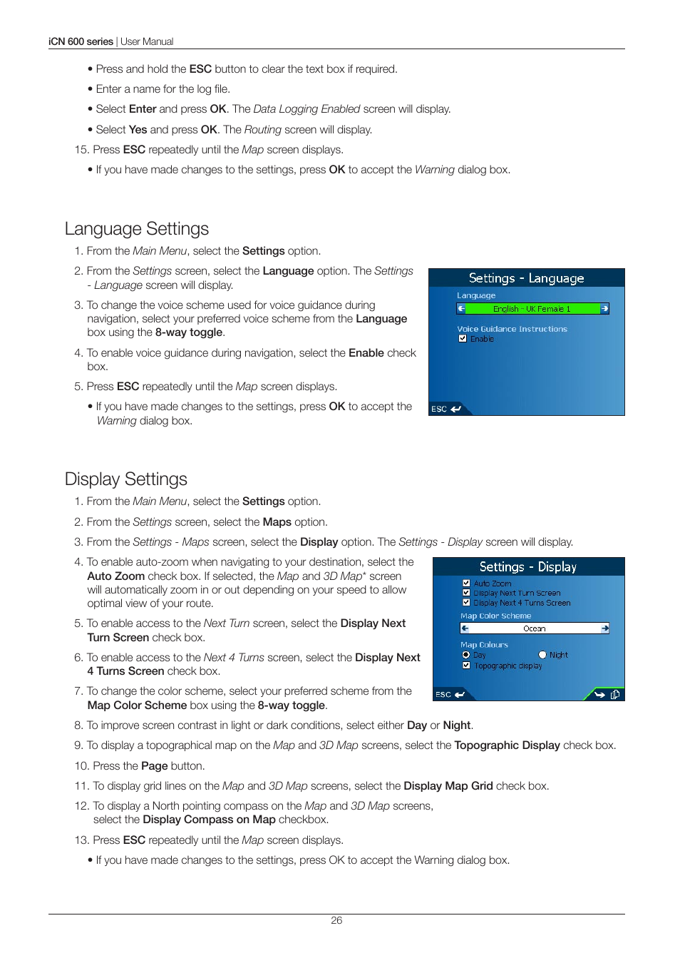 Language settings, Display settings | Navman iCN 600series User Manual | Page 26 / 41