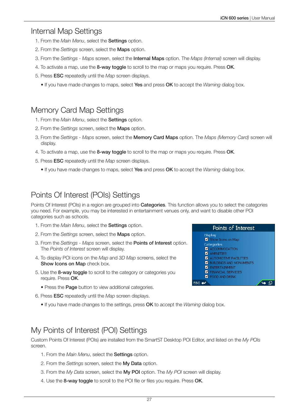 Internal map settings, Points of interest (pois) settings, My points of interest (poi) settings | Navman iCN 600series User Manual | Page 27 / 41