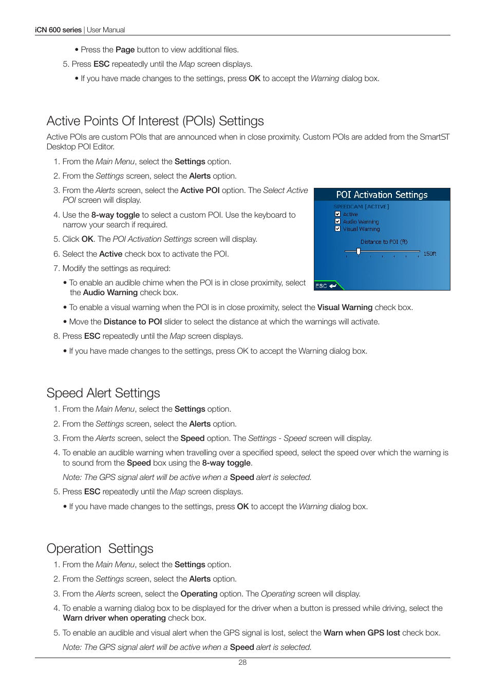 Active points of interest (pois) settings, Speed alert settings, Operation settings | Navman iCN 600series User Manual | Page 28 / 41