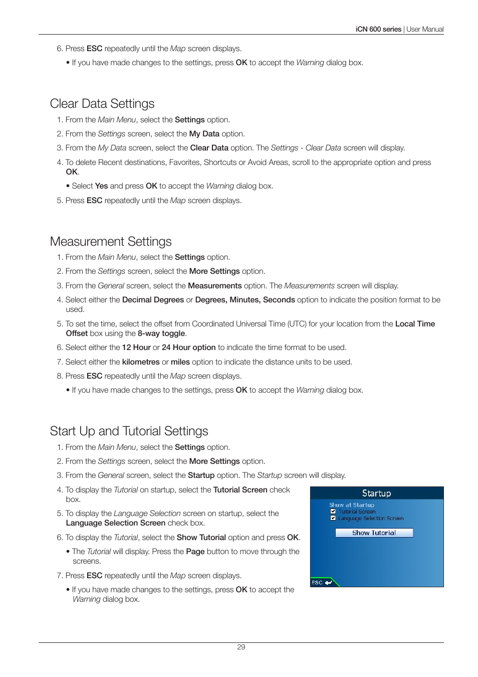 Clear data settings, Measurement settings, Start up and tutorial settings | Navman iCN 600series User Manual | Page 29 / 41