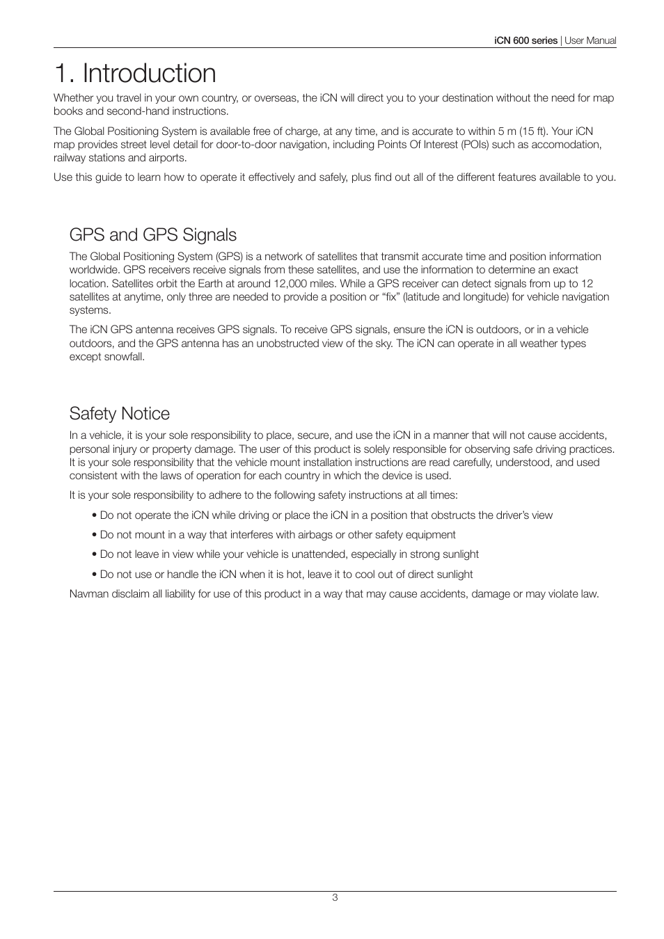 Introduction, Gps and gps signals, Safety notice | Navman iCN 600series User Manual | Page 3 / 41