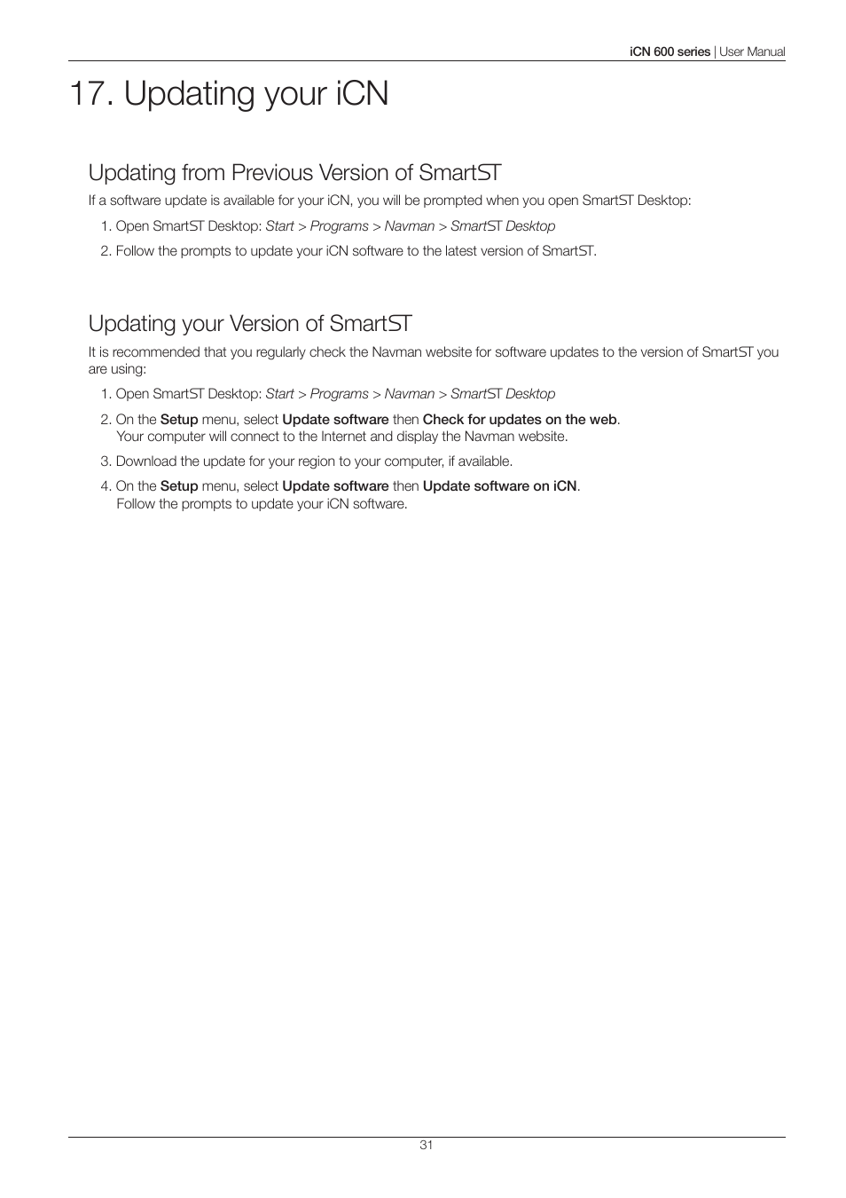 Updating your icn, Updating from previous version of smart, Updating your version of smart | Navman iCN 600series User Manual | Page 31 / 41