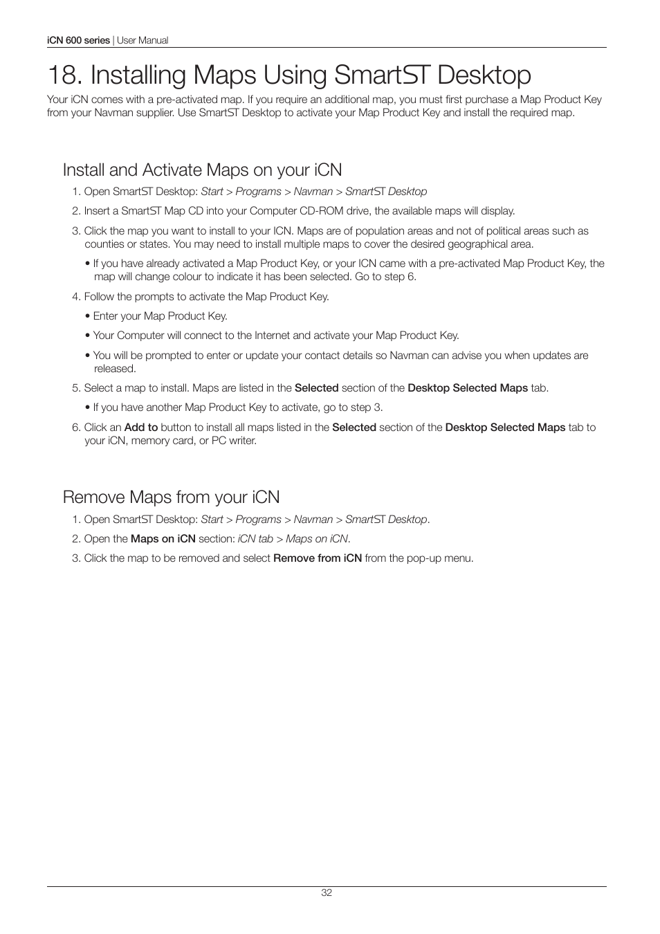 Installing maps using smart desktop, Install and activate maps on your icn, Remove maps from your icn | Navman iCN 600series User Manual | Page 32 / 41