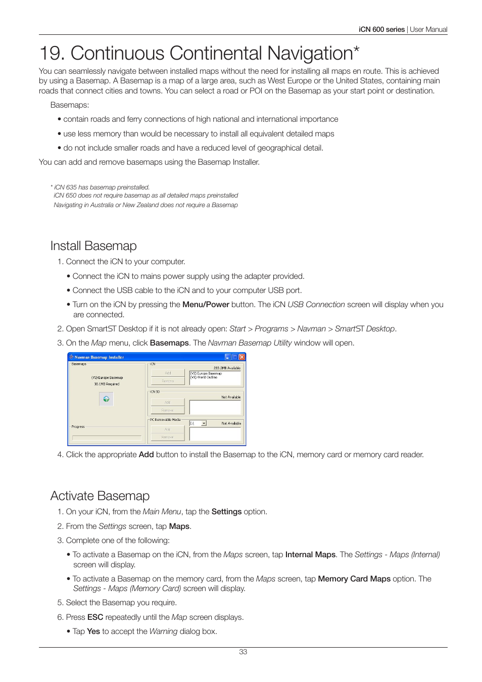 Continuous continental navigation, Install basemap, Activate basemap | Navman iCN 600series User Manual | Page 33 / 41