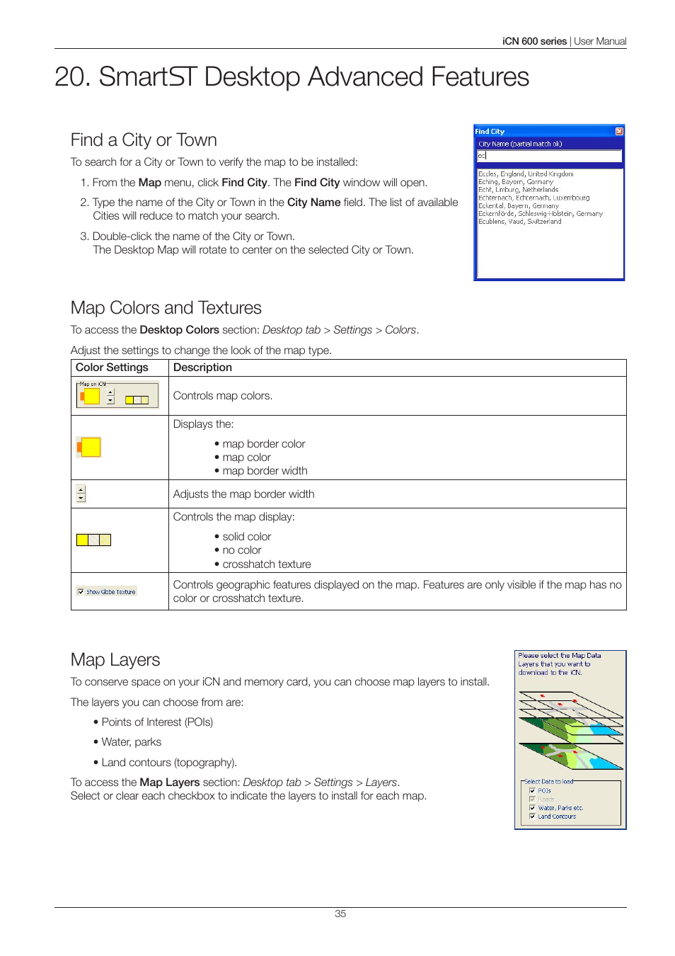 Smart desktop advanced features, Find a city or town, Map colors and textures | Map layers | Navman iCN 600series User Manual | Page 35 / 41