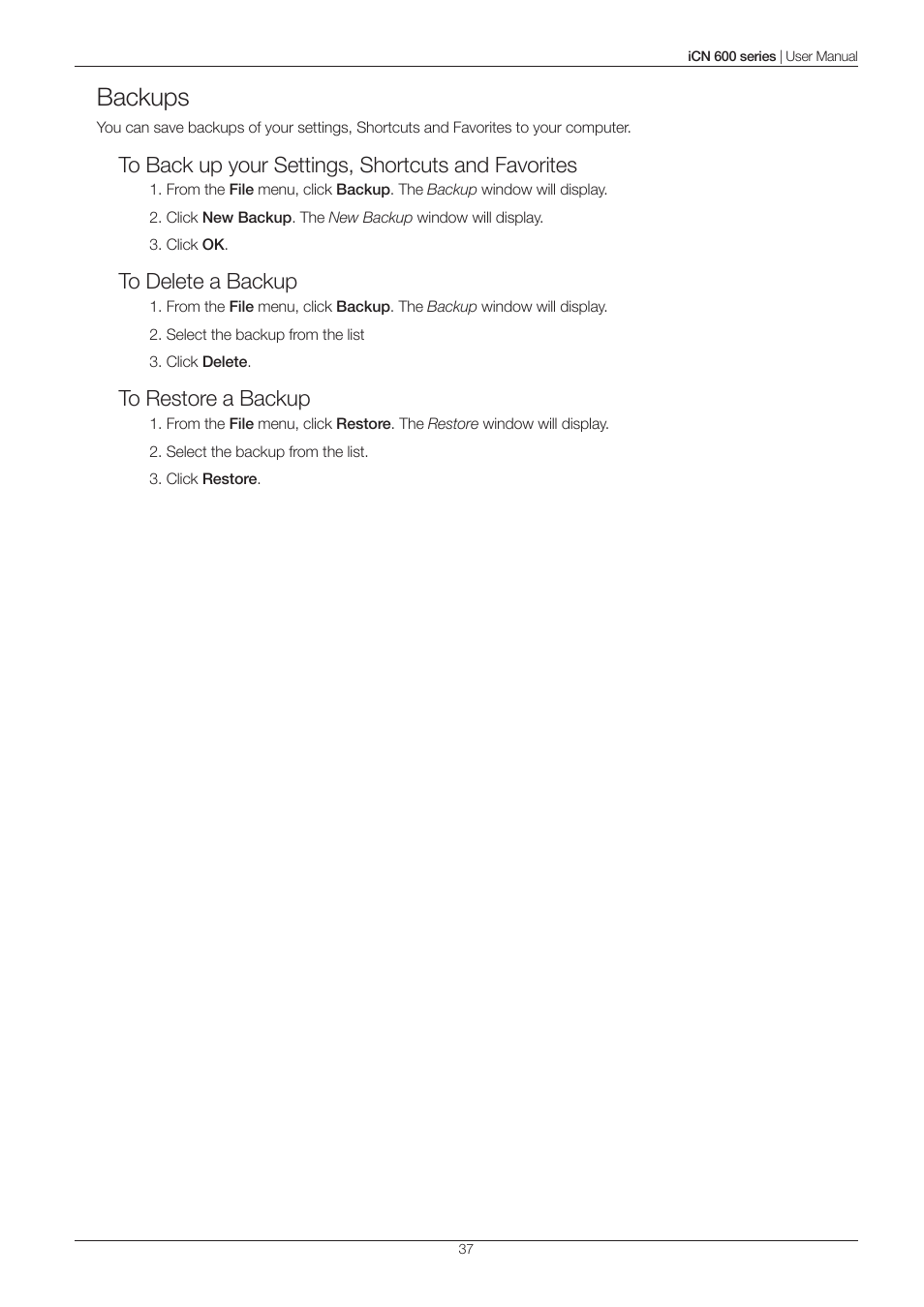 Backups | Navman iCN 600series User Manual | Page 37 / 41