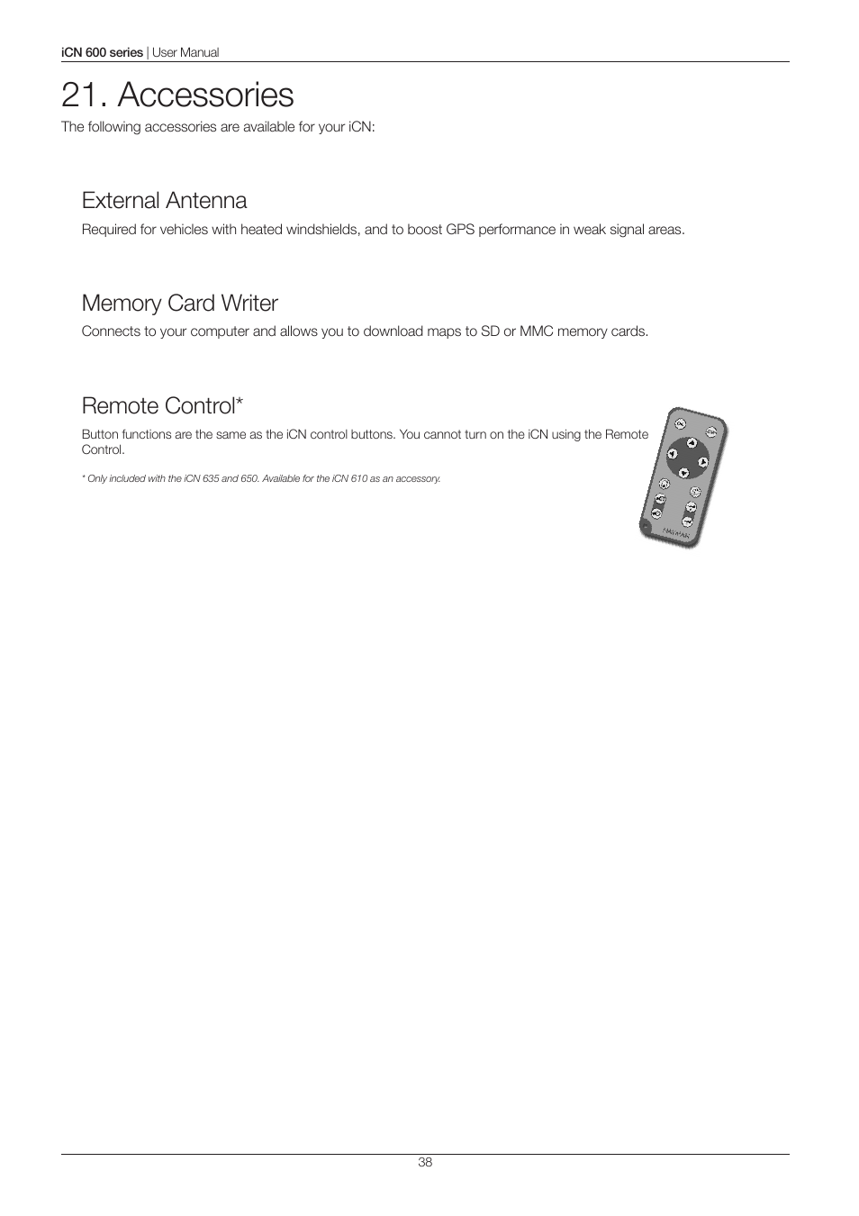 Accessories, External antenna, Remote control | Navman iCN 600series User Manual | Page 38 / 41