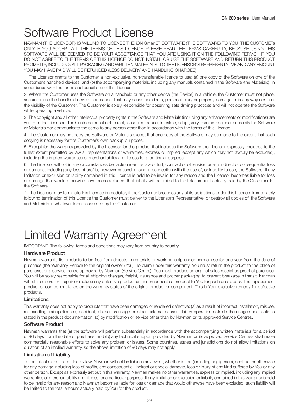 Software product license, Limited warranty agreement | Navman iCN 600series User Manual | Page 39 / 41