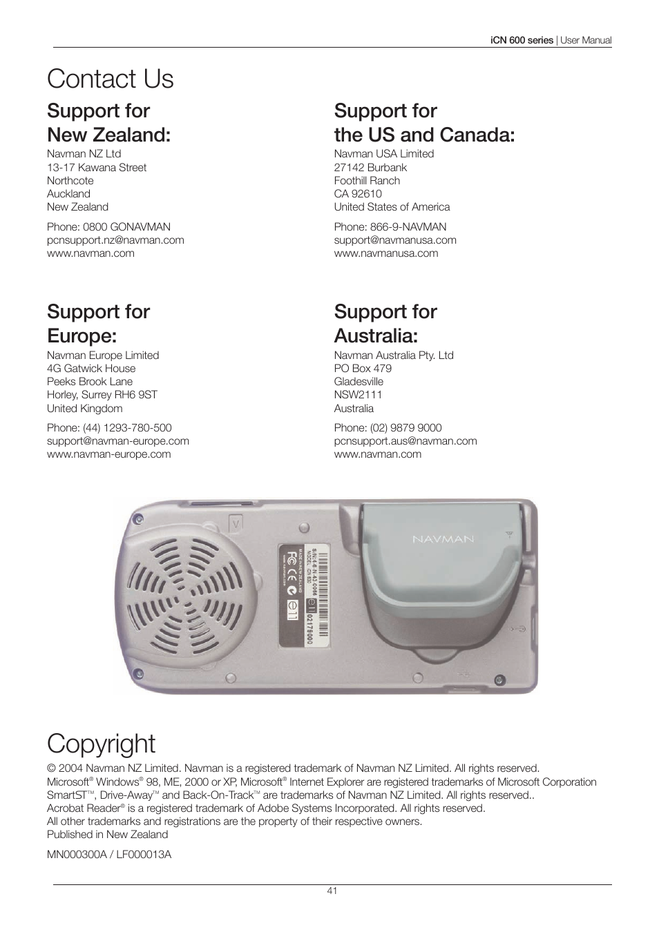 Copyright, Contact us, Support for new zealand | Support for europe, Support for the us and canada, Support for australia | Navman iCN 600series User Manual | Page 41 / 41