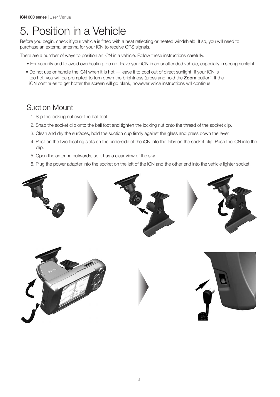 Position in a vehicle, Suction mount | Navman iCN 600series User Manual | Page 8 / 41