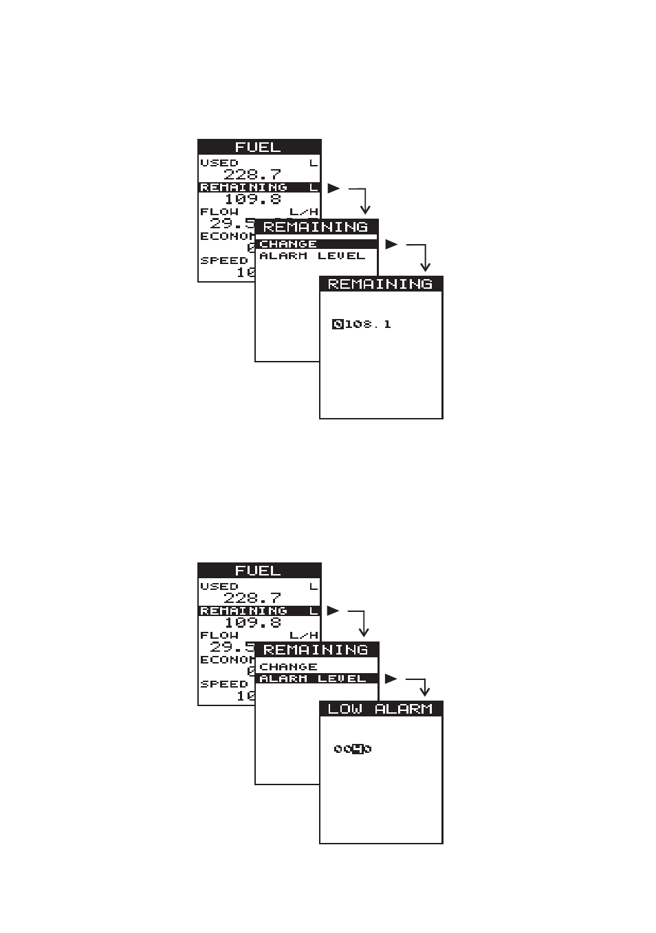3 fuel remaining change, 4 fuel remaining low alarm, Fuel remaining change | Fuel remaining low alarm | Navman Tracker500/500i User Manual | Page 20 / 44