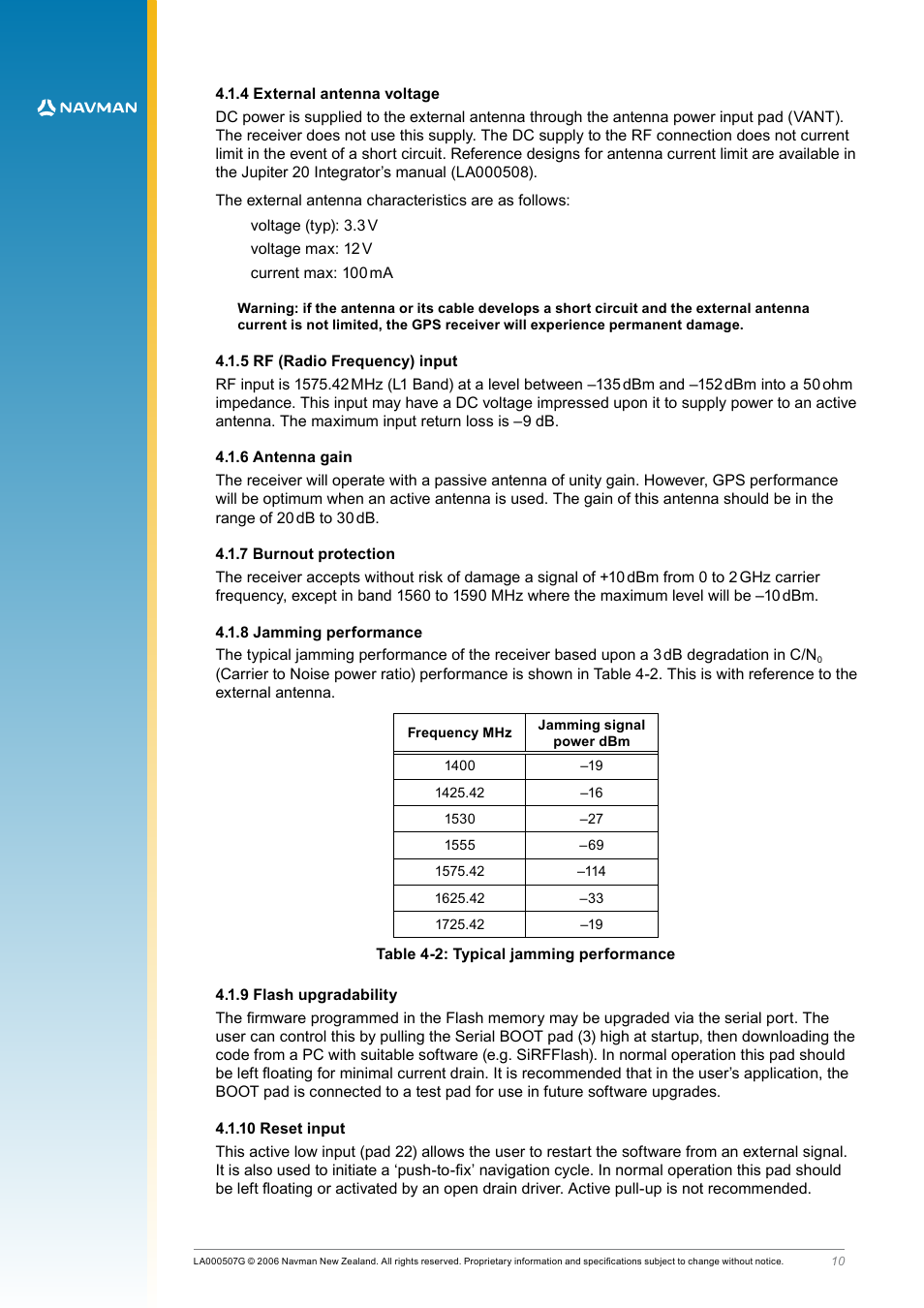 4 external antenna voltage, 5 rf (radio frequency) input, 6 antenna gain | 7 burnout protection, 8 jamming performance, 9 flash upgradability, 10 reset input, Table 4‑2: typical jamming performance | Navman LA000508 User Manual | Page 10 / 18