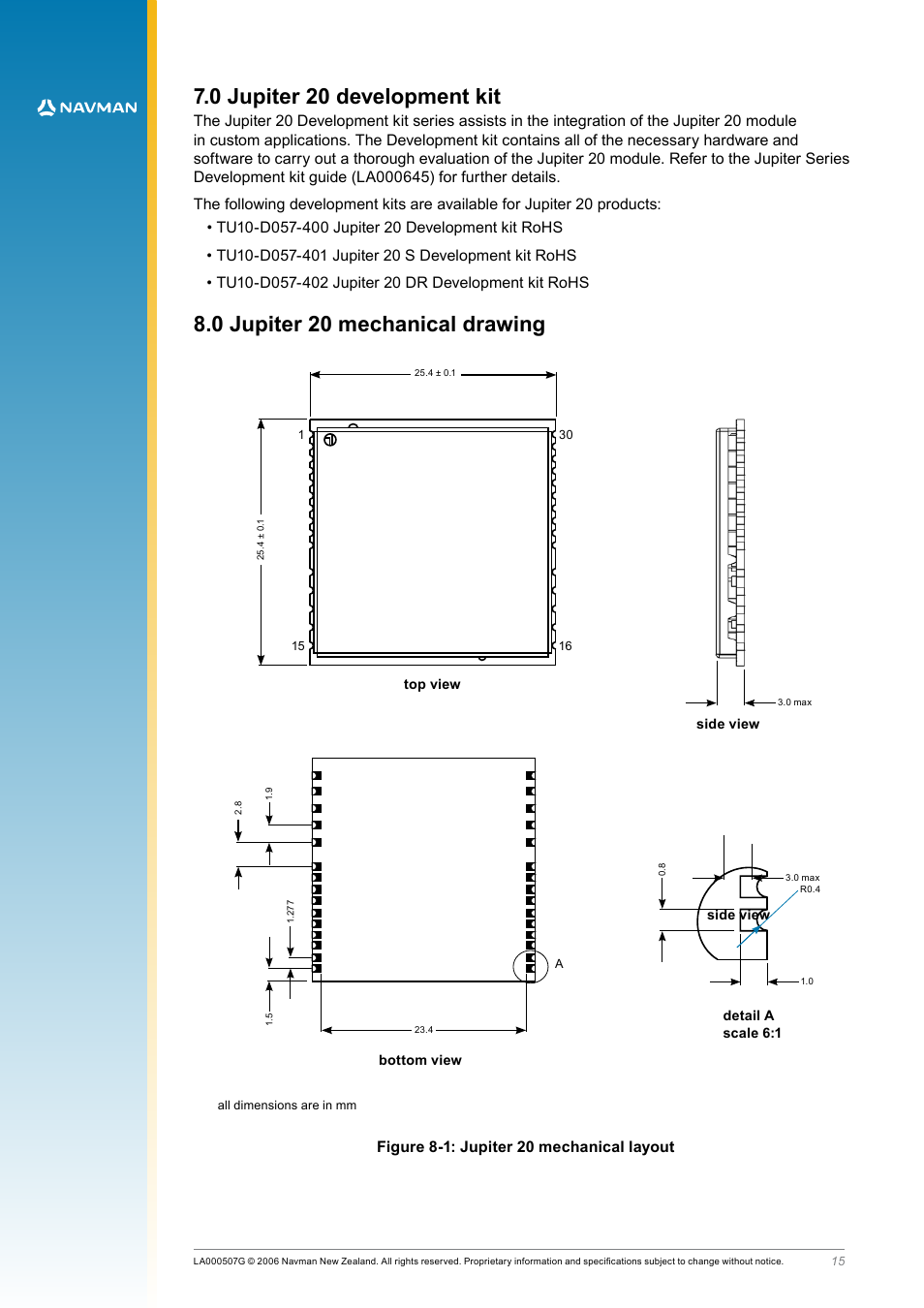0 jupiter 20 development kit, 0 jupiter 20 mechanical drawing, Figure 8-1: jupiter 20 mechanical layout | Figure 8‑1: jupiter 20 mechanical layout | Navman LA000508 User Manual | Page 15 / 18