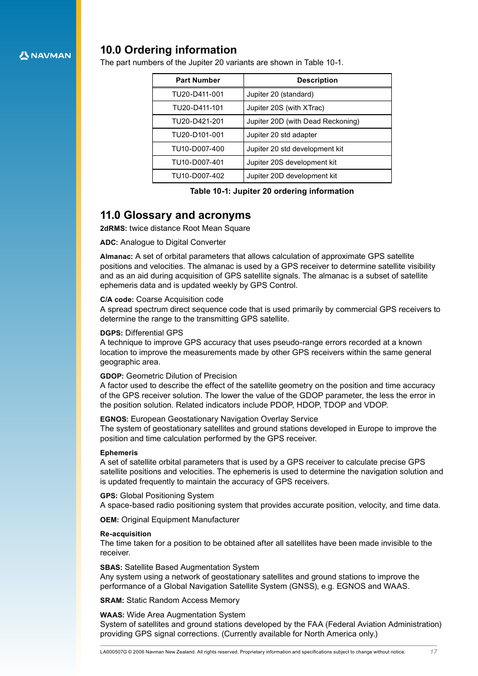 0 ordering information, 0 glossary and acronyms, Table 10‑1: jupiter 20 ordering information | 0 ordering information 11.0 glossary and acronyms | Navman LA000508 User Manual | Page 17 / 18