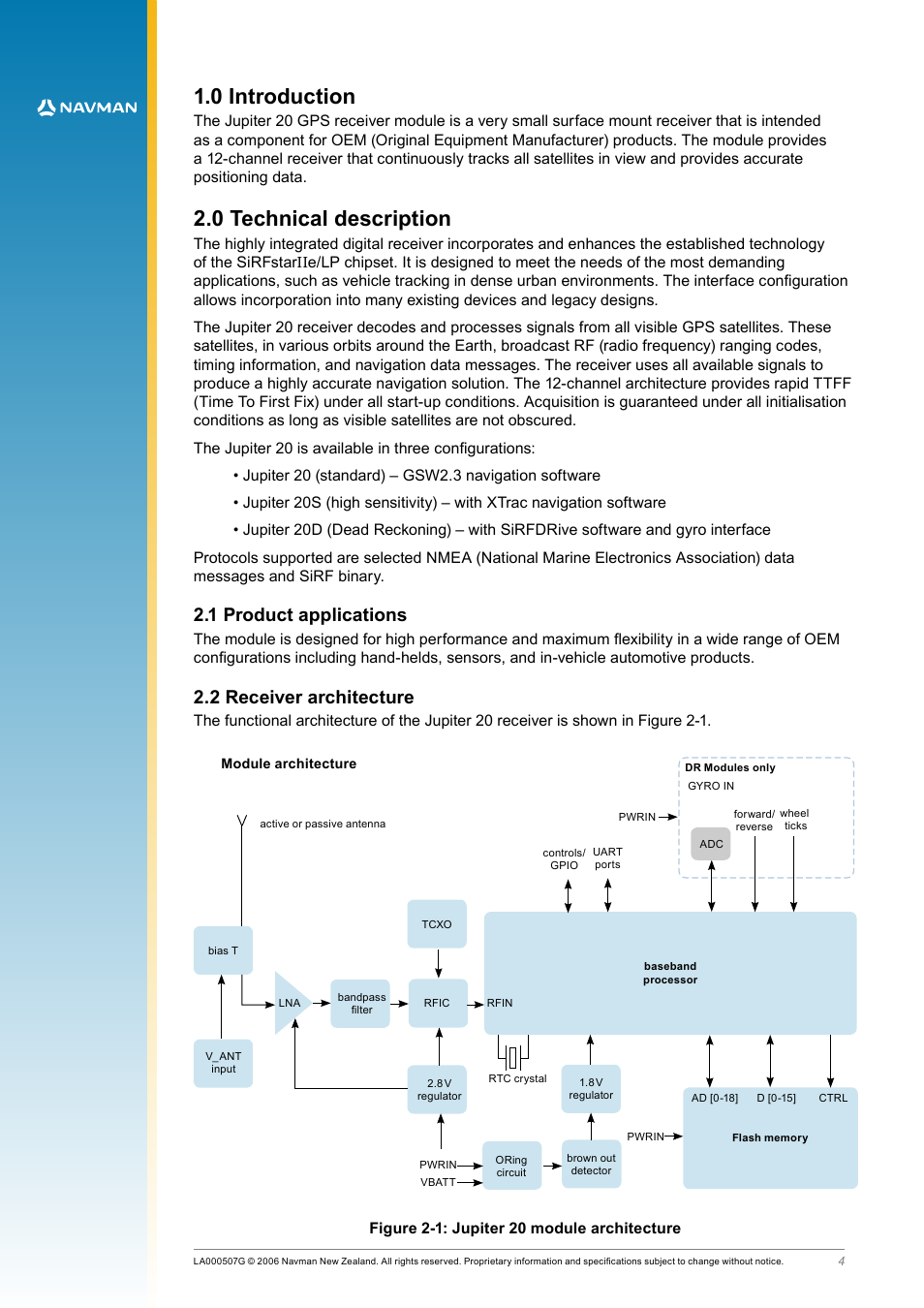 0 introduction, 0 technical description, 1 product applications | 2 receiver architecture, Figure 2-1: jupiter 20 module architecture, 0 introduction 2.0 technical description, 1 product applications 2.2 receiver architecture, Figure 2‑1: jupiter 20 module architecture | Navman LA000508 User Manual | Page 4 / 18