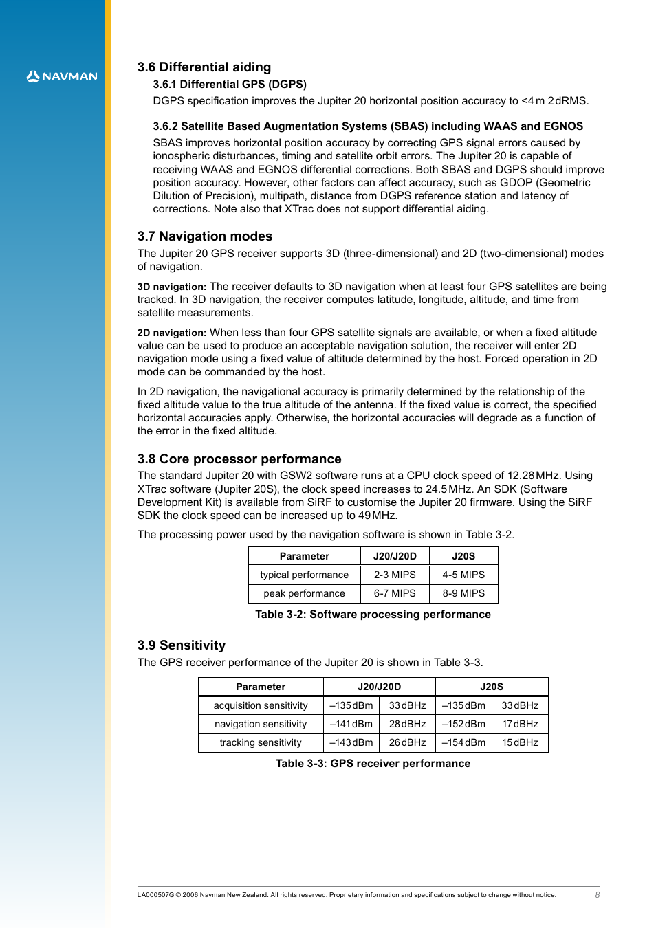 6 differential aiding, 1 differential gps (dgps), 7 navigation modes | 8 core processor performance, 9 sensitivity, Table 3‑2: software processing performance, Table 3‑3: gps receiver performance | Navman LA000508 User Manual | Page 8 / 18
