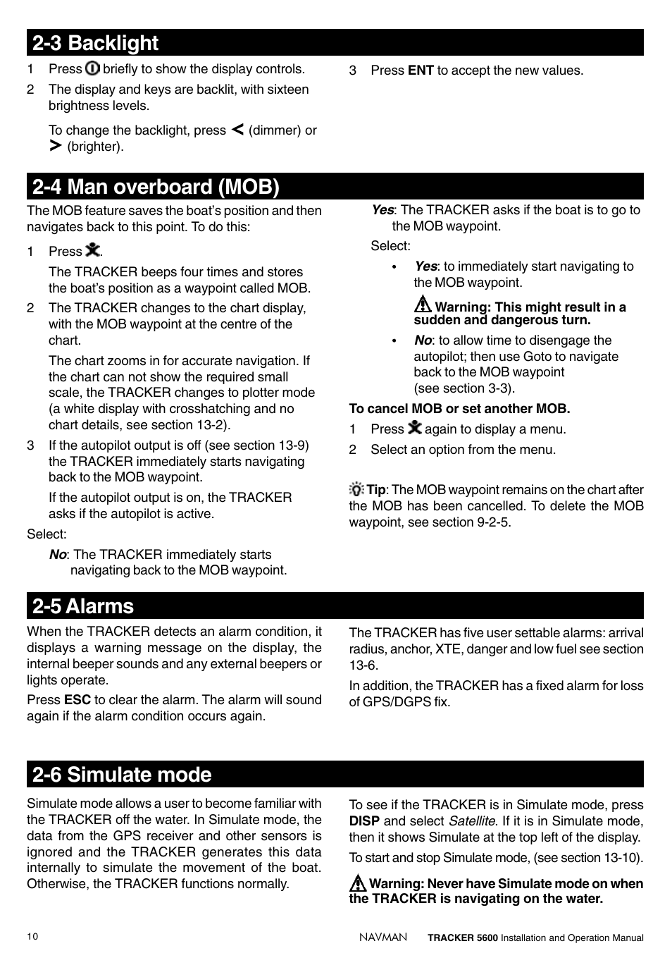 6 simulate mode, 5 alarms, 4 man overboard (mob) | 3 backlight | Navman tracker plotter TRACKER 5600 User Manual | Page 10 / 42