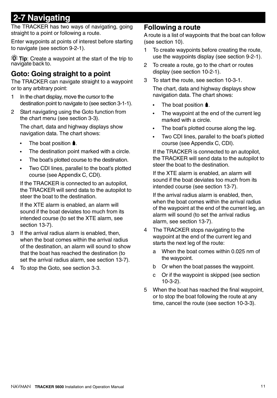 7 navigating, Goto: going straight to a point, Following a route | Navman tracker plotter TRACKER 5600 User Manual | Page 11 / 42