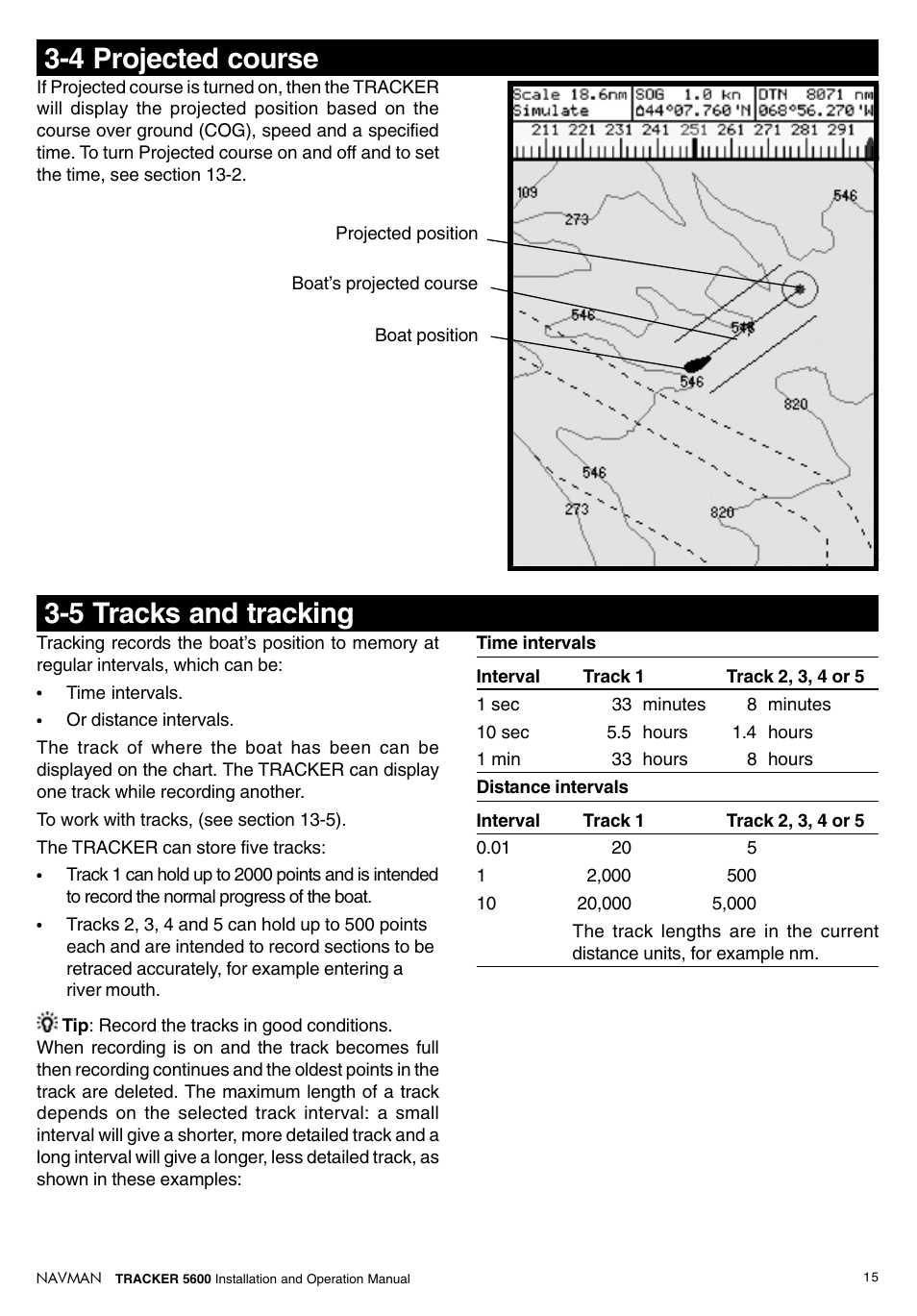 4 projected course, 5 tracks and tracking | Navman tracker plotter TRACKER 5600 User Manual | Page 15 / 42