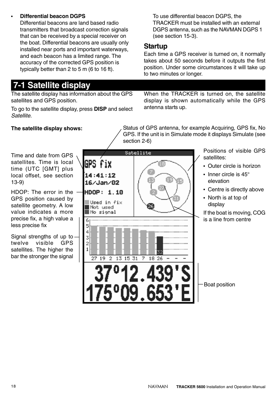 1 satellite display, Startup | Navman tracker plotter TRACKER 5600 User Manual | Page 18 / 42