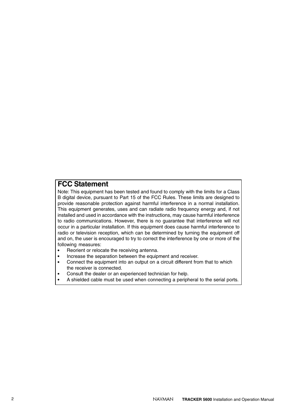 Fcc statement | Navman tracker plotter TRACKER 5600 User Manual | Page 2 / 42