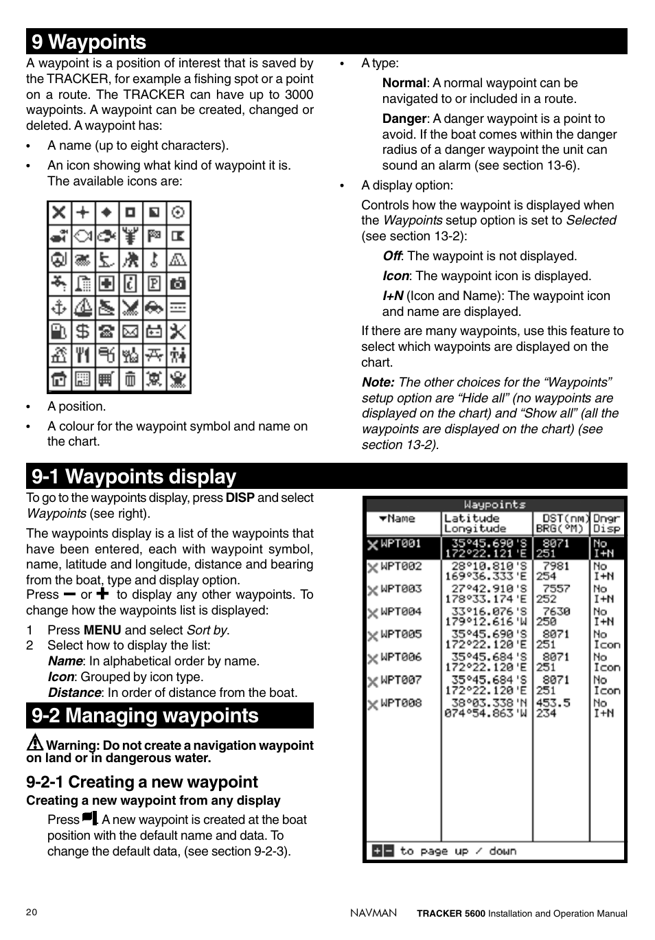 9 waypoints 9-1 waypoints display, 2 managing waypoints, 2-1 creating a new waypoint | Navman tracker plotter TRACKER 5600 User Manual | Page 20 / 42