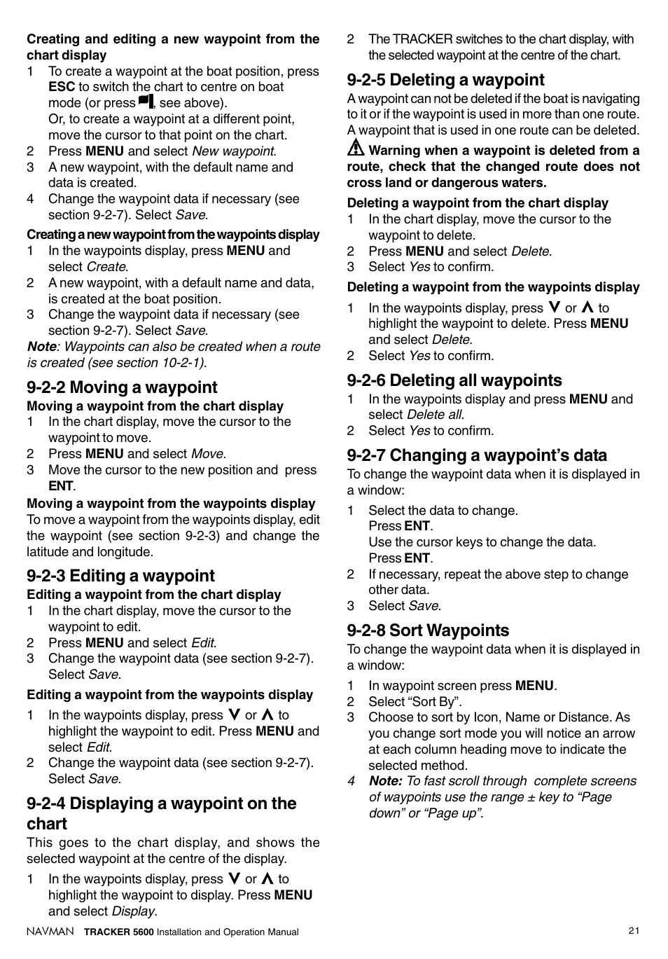 2-2 moving a waypoint, 2-5 deleting a waypoint, 2-6 deleting all waypoints | 2-7 changing a waypoint’s data, 2-8 sort waypoints, 2-3 editing a waypoint, 2-4 displaying a waypoint on the chart | Navman tracker plotter TRACKER 5600 User Manual | Page 21 / 42